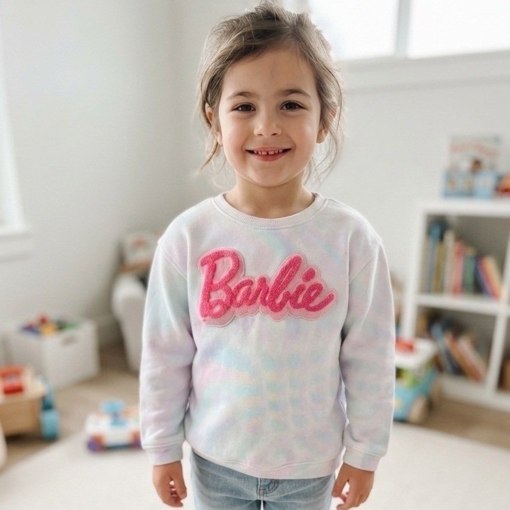 Wrangler X Barbie Pink Chenille Logo Chest & Back Relaxed Fit Sweatshirt Youth M